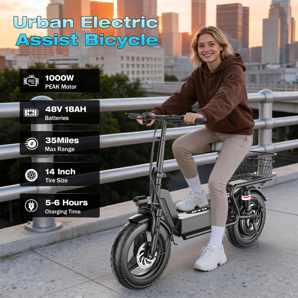 Electric Scooter with Seat, 1000W Peak Motor, 25 MPH, 14" Pneumatic Tires W991951