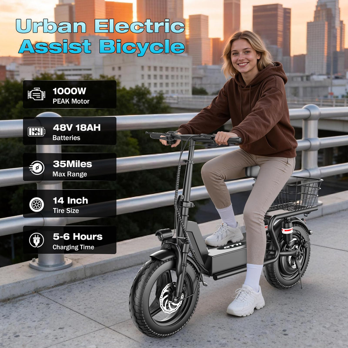 Electric Scooter with Seat, 1000W Peak Motor, 25 MPH, 14" Pneumatic Tires W991951