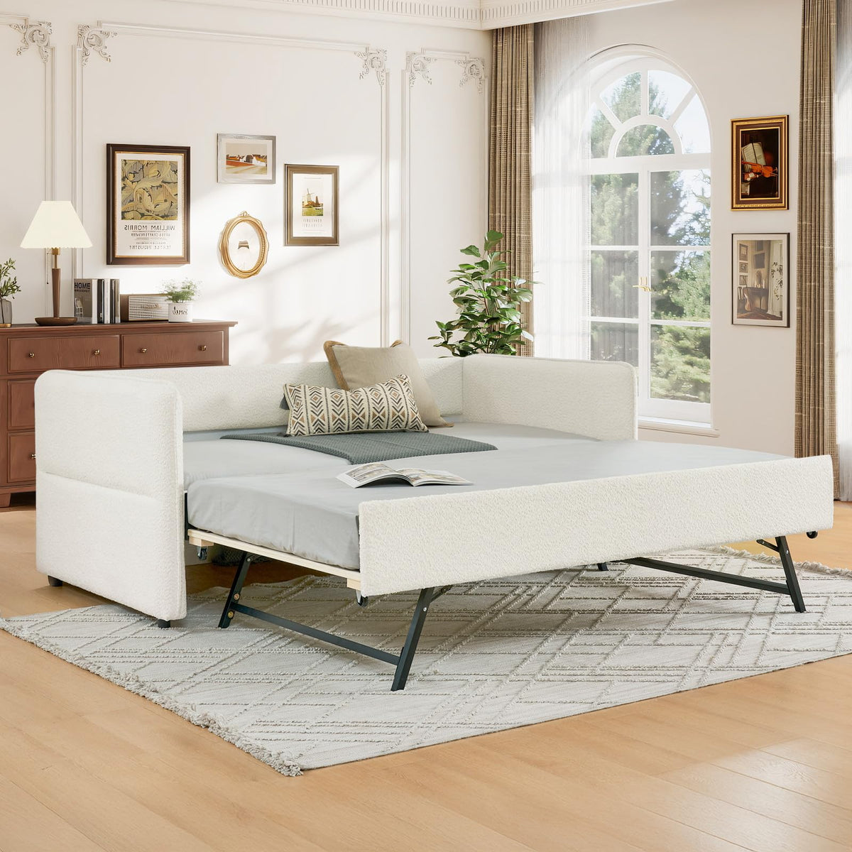 Twin Size Beige Boucle Upholstered Daybed with Trundle F326