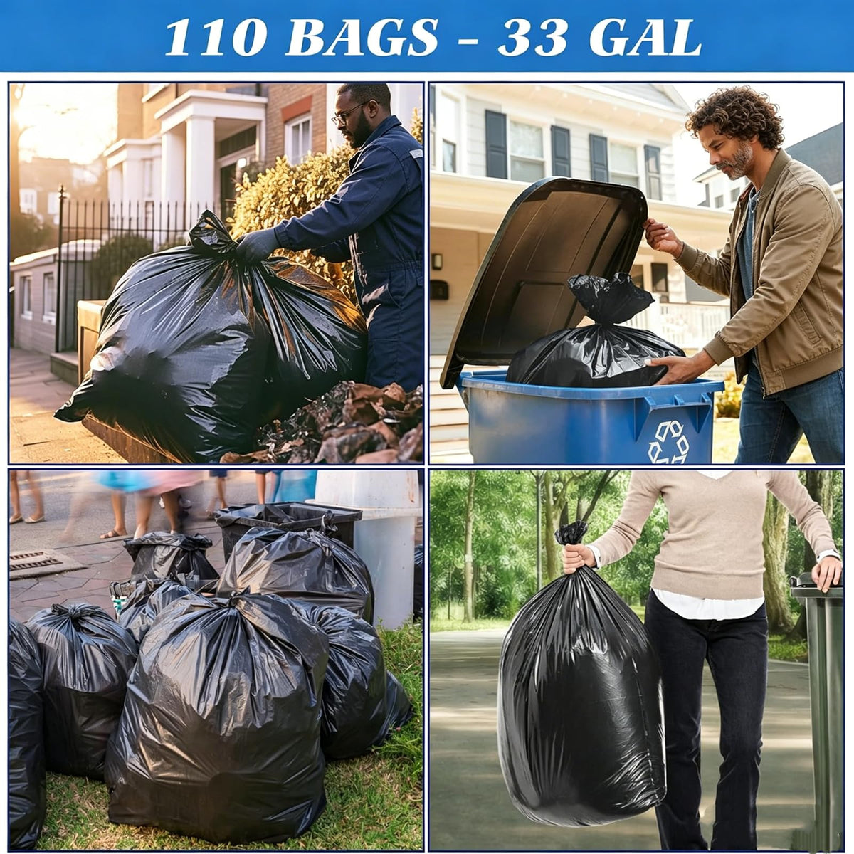 33 Gallon Heavy Duty Trash Bags 110 Count Black Can Liners T32270