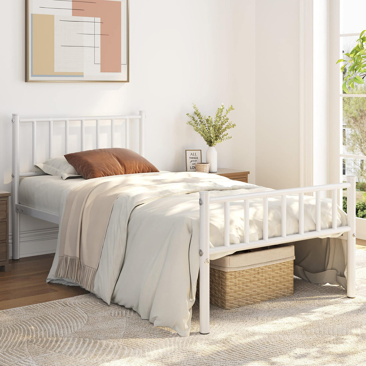 Twin Size White Metal Platform Bed Frame with Spindle Headboard S11607