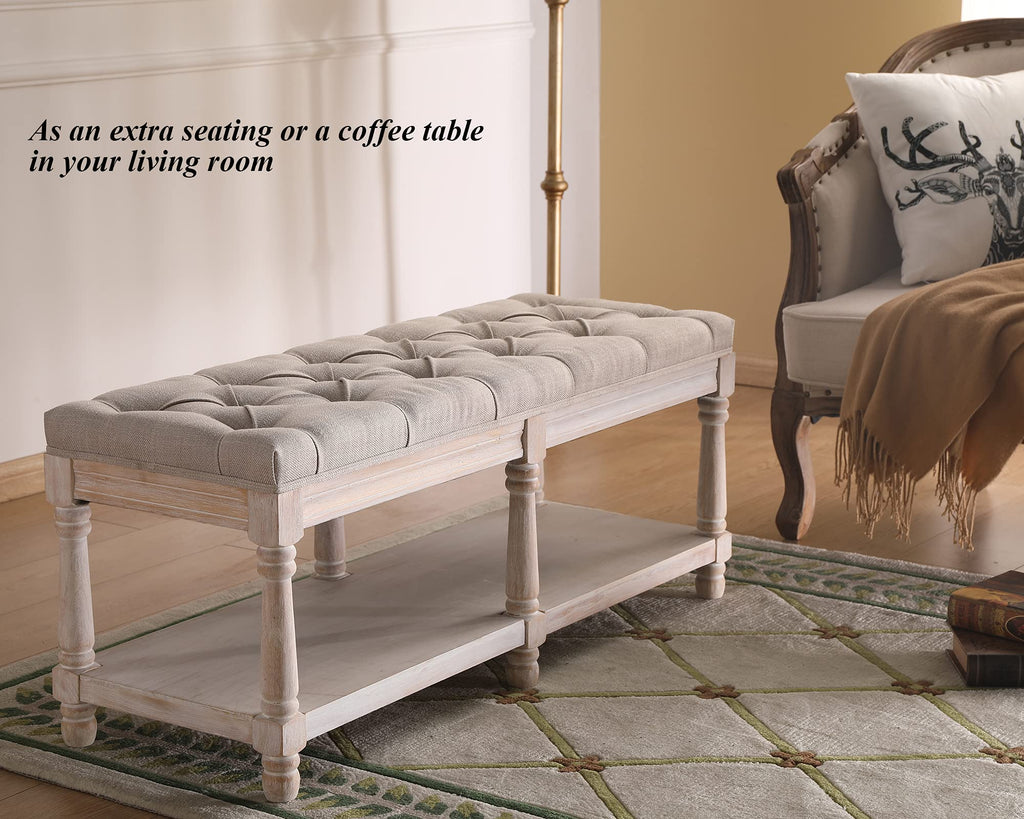 Beige Linen Upholstered Tufted Storage Bench with Shelf W858