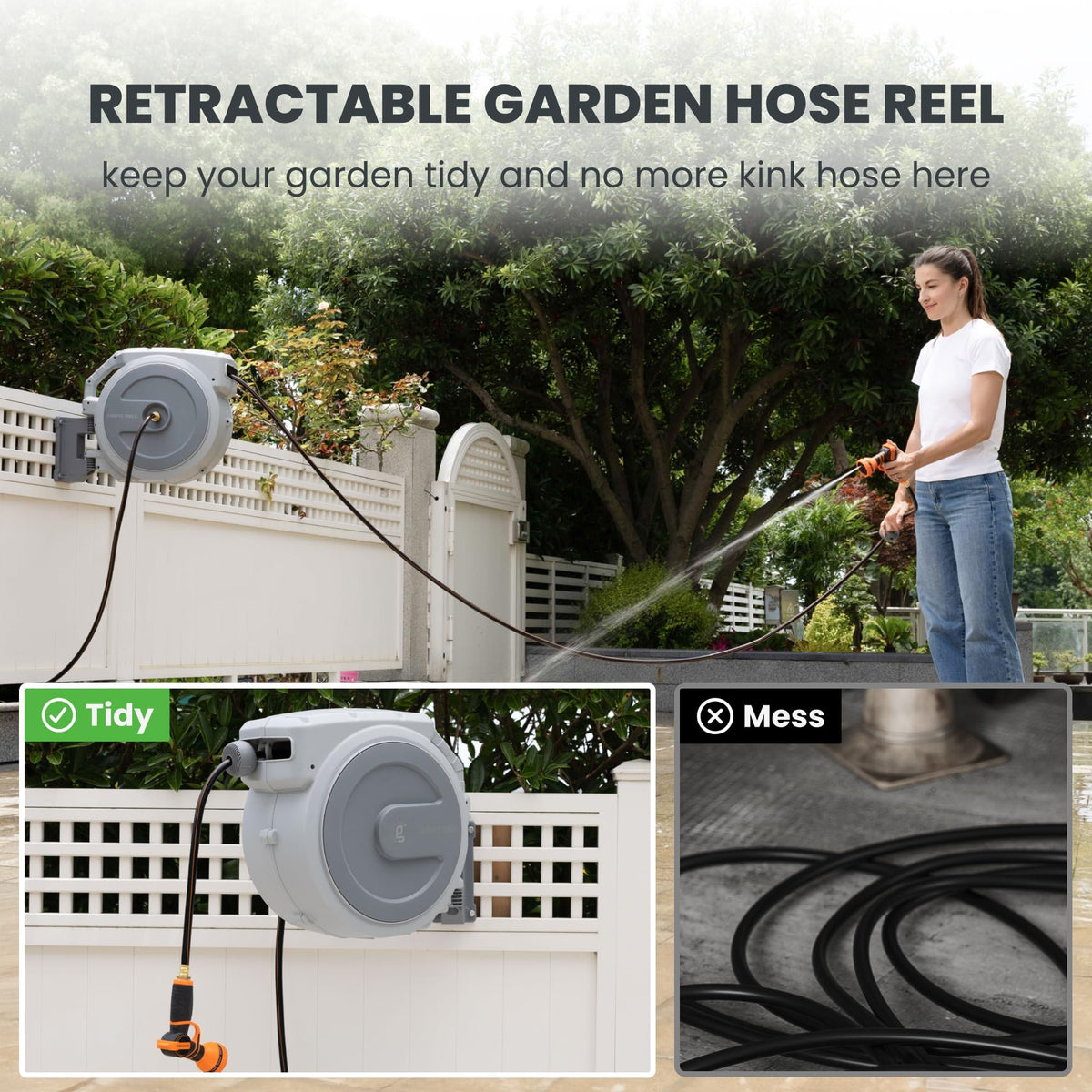 Retractable Garden Hose Reel 1/2" 130FT Wall Mount Light Grey D4848