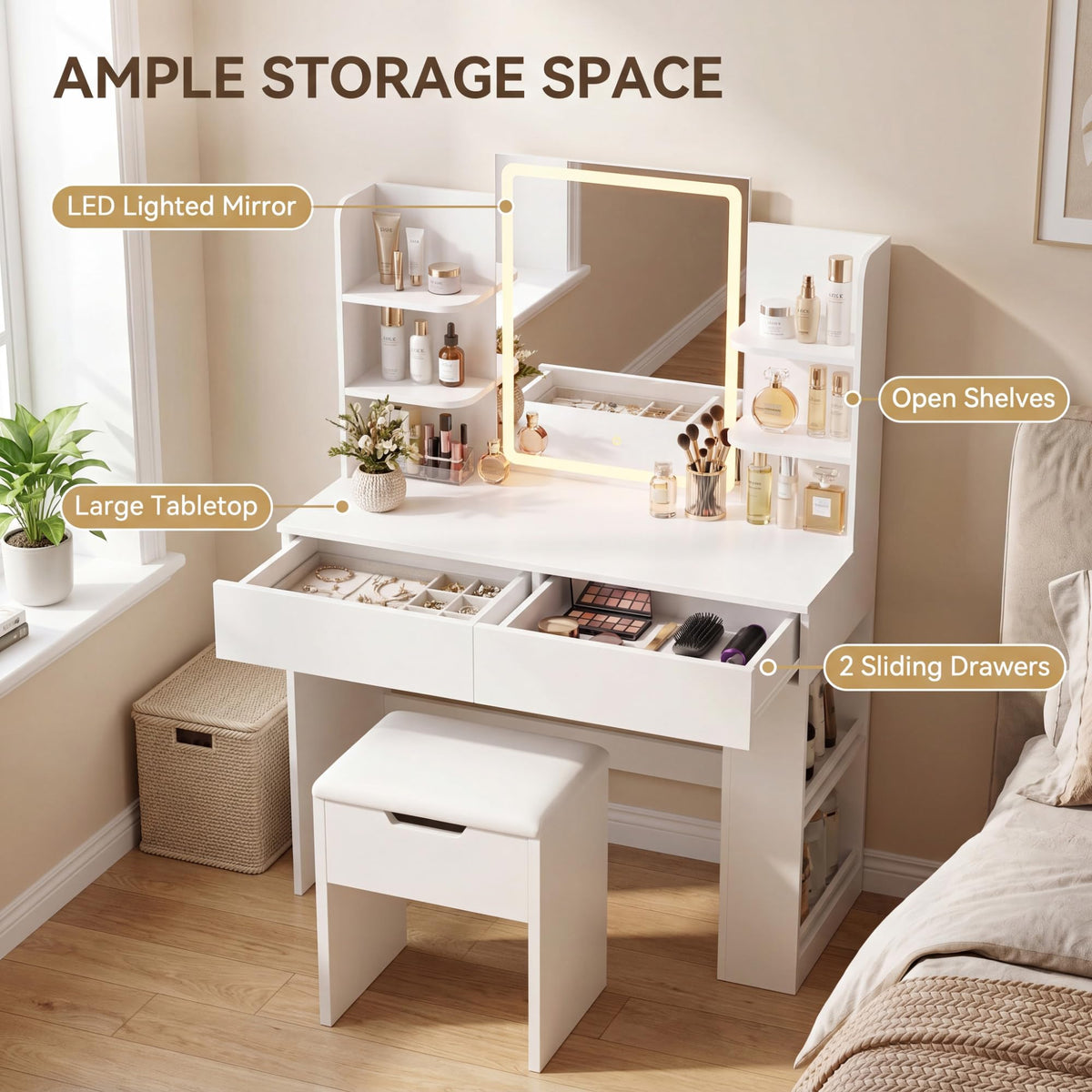 White Vanity Desk Set with LED Mirror H825