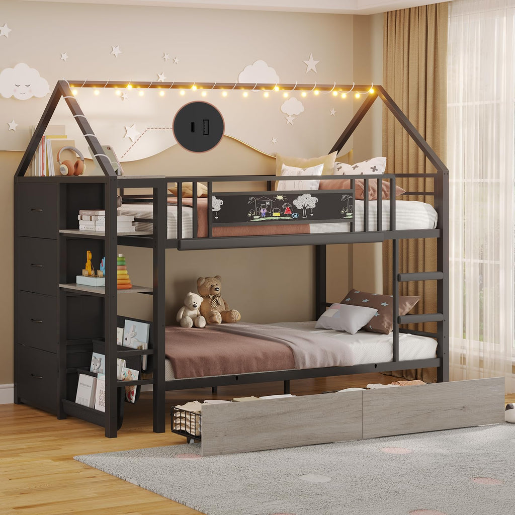 Twin Bunk Bed with Storage Bookshelf, 6 Drawers & USB I976179