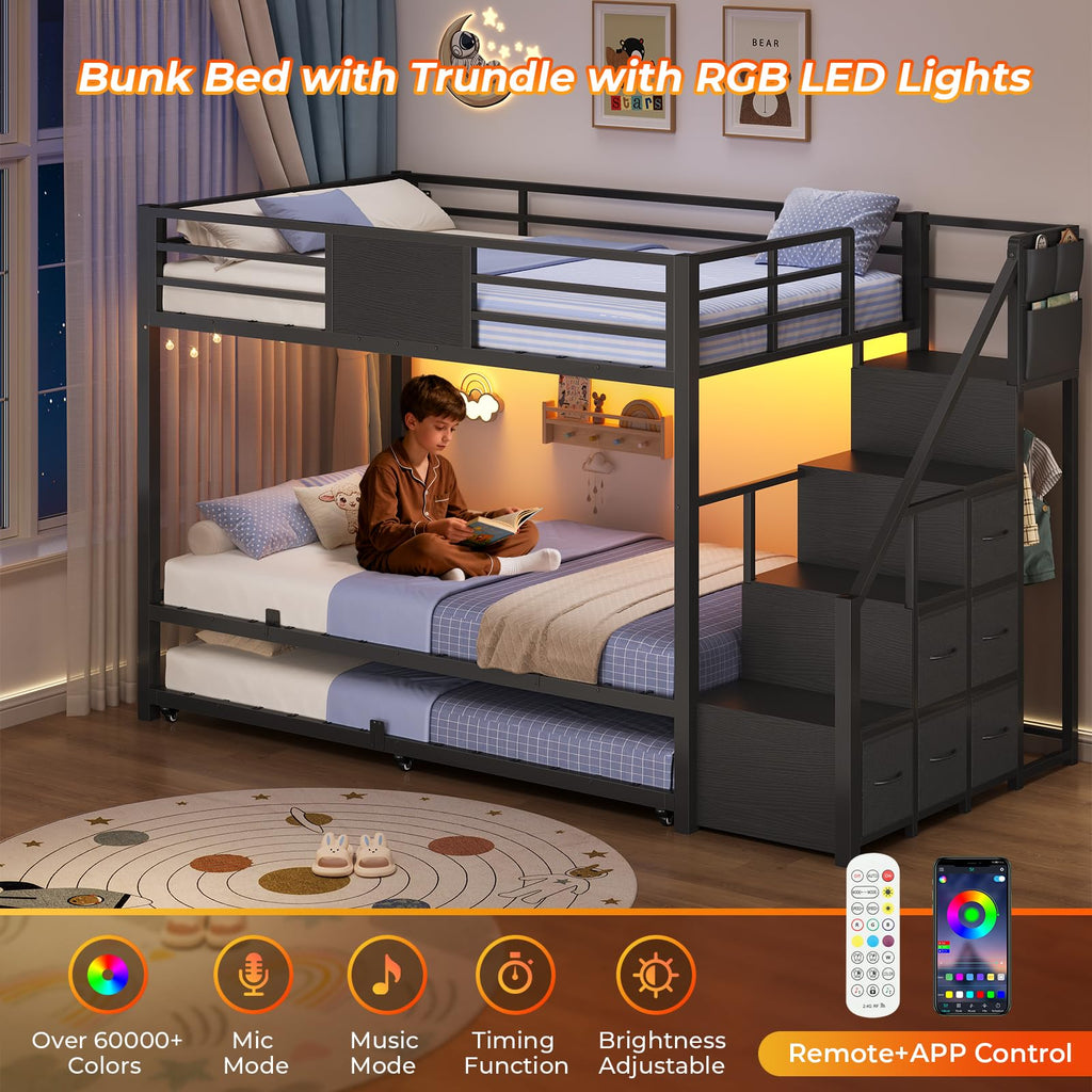 Twin Over Twin Bunk Bed with Trundle, Stairs, 6 Drawers, LED Lights P779251
