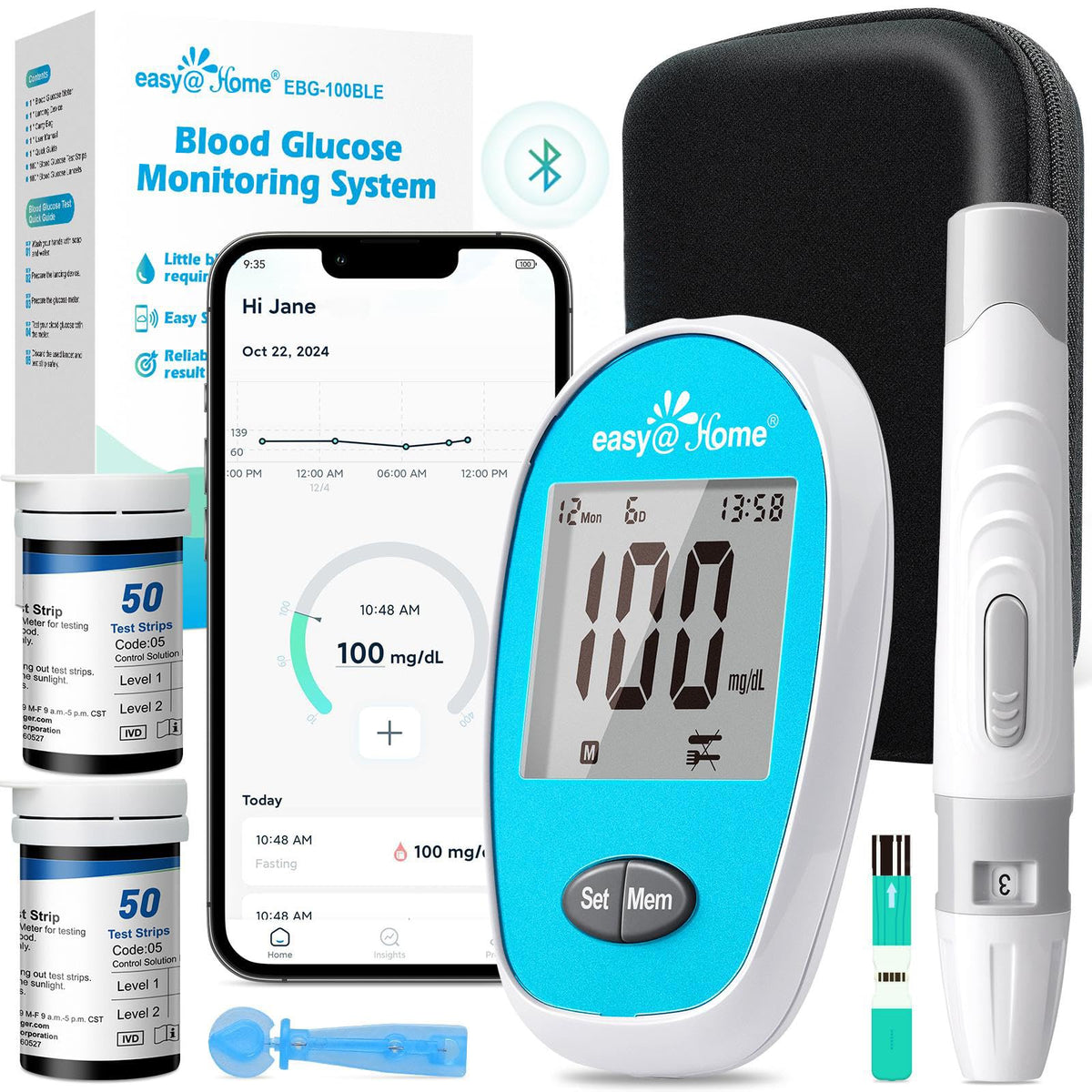 Wireless Glucose Monitor Kit, 100-Strip Blood Sugar Testing Kit Q874