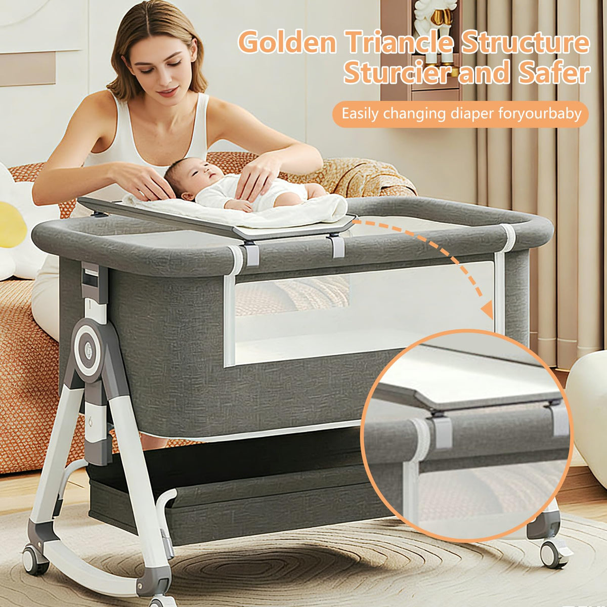 4 in 1 Baby Bassinet Bedside Sleeper with Wheels and Mattress V9524