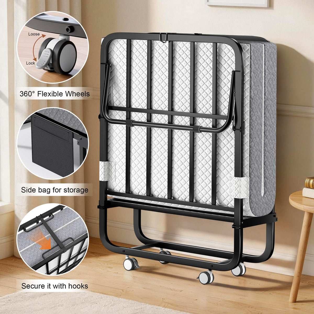 Folding Bed with Memory Foam Mattress Twin Size Metal Frame White V31674