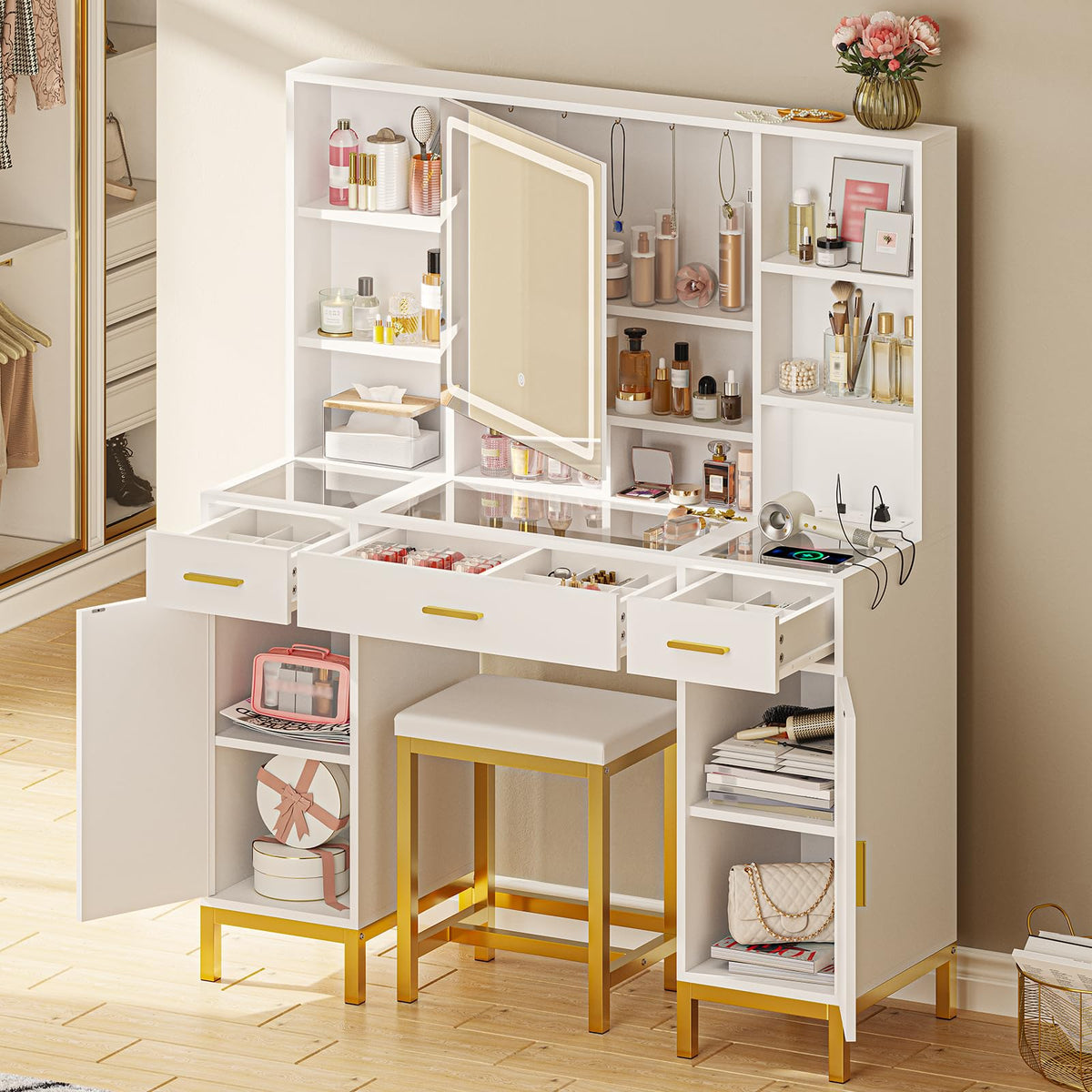 White Vanity Desk with Mirror and Lights I688