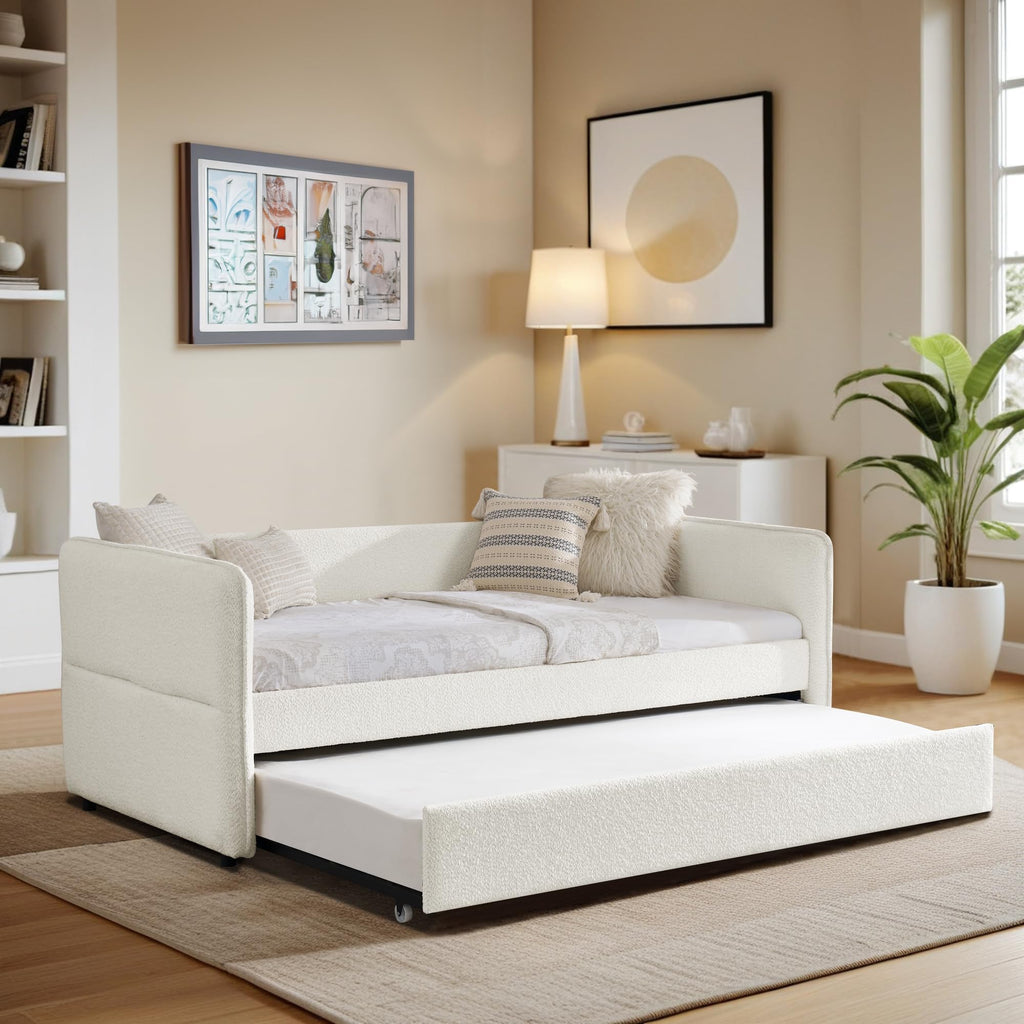 Twin Size Beige Boucle Upholstered Daybed with Trundle F326