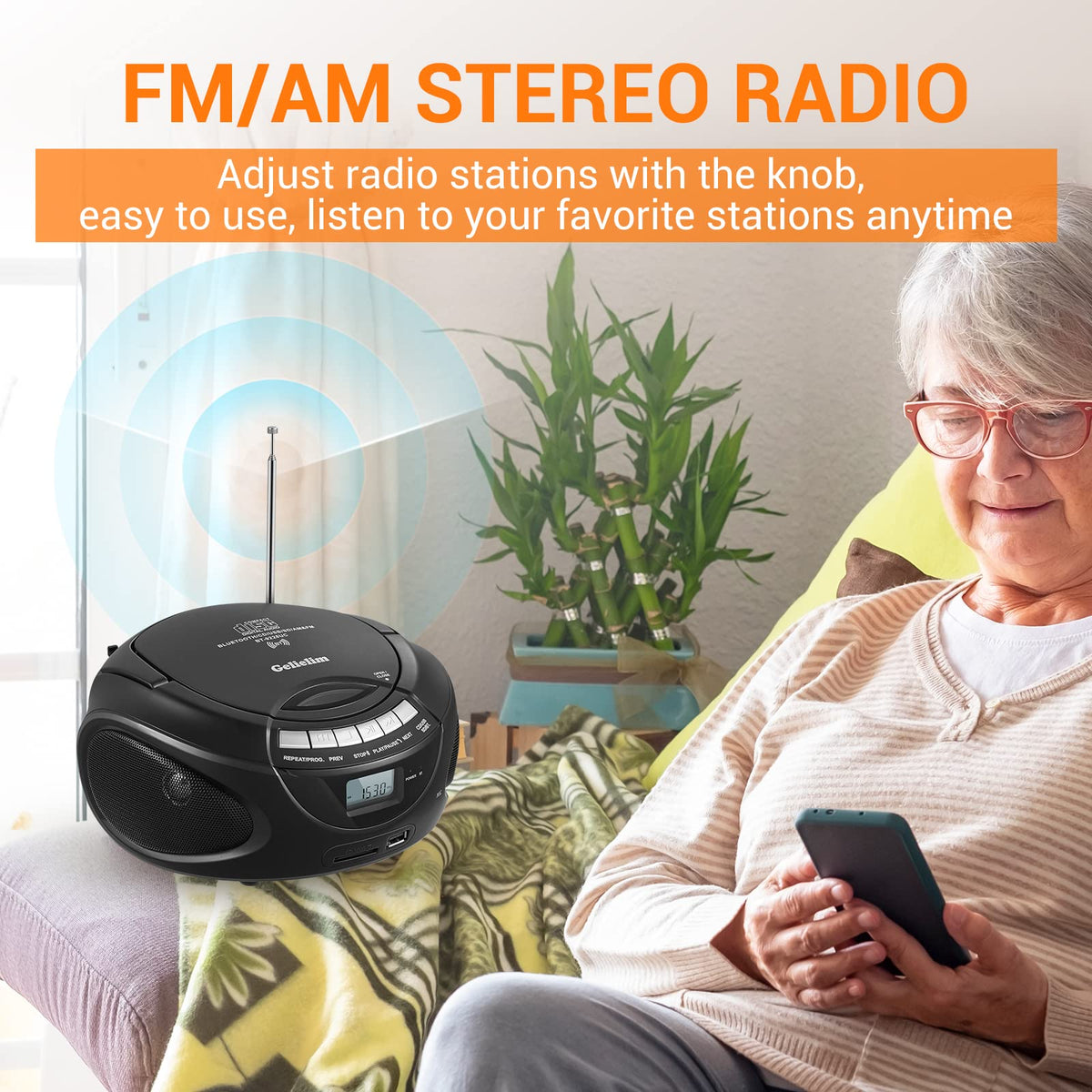 Portable CD Boombox with AM/FM Radio, Bluetooth, USB, SD Card, LCD Display, Black M950
