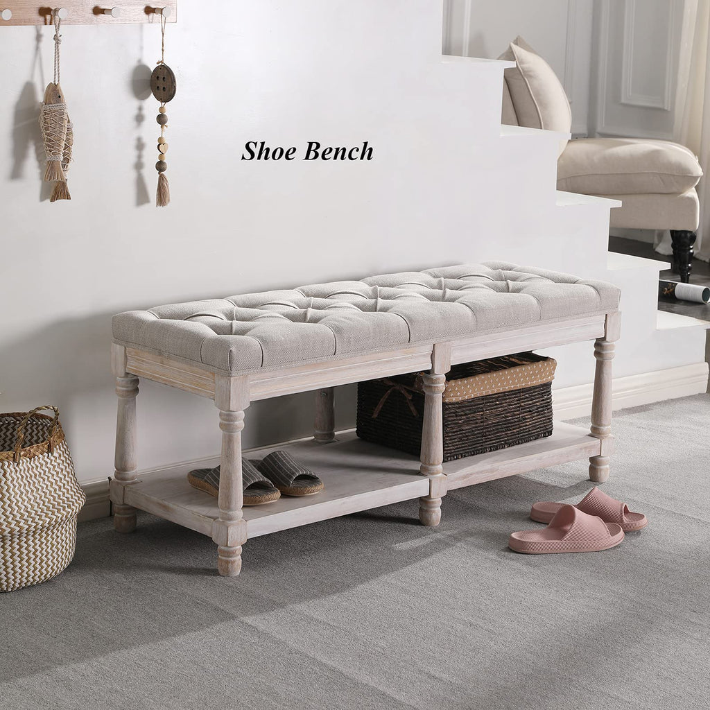 Beige Linen Upholstered Tufted Storage Bench with Shelf W858
