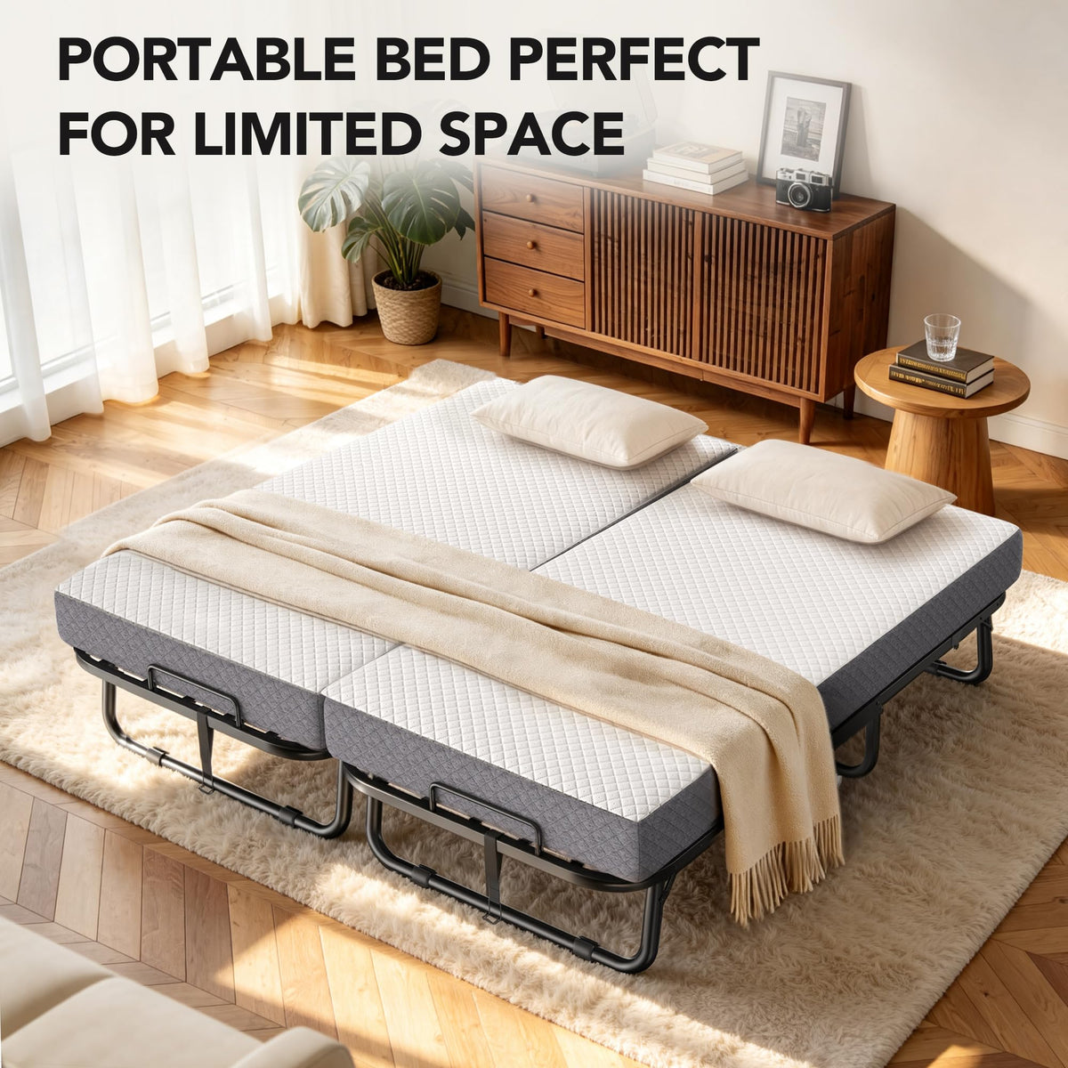 Folding Bed with Memory Foam Mattress Twin Size Metal Frame White V31674