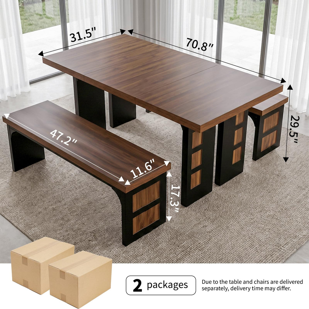 70.9" Wood Dining Table Set with 2 Benches G3214