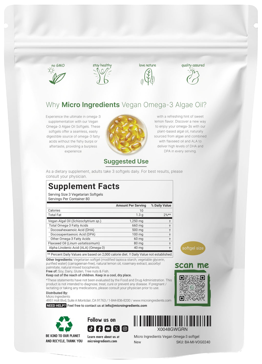 Vegan Omega 3 Algae Oil 240 Veggie Softgels DHA 500mg DPA 100mg Lemon Flavored X453919