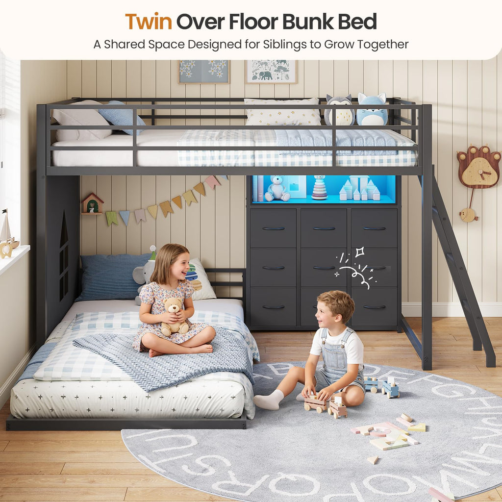 Twin Over Twin Bunk Bed with 9 Storage Drawers H700