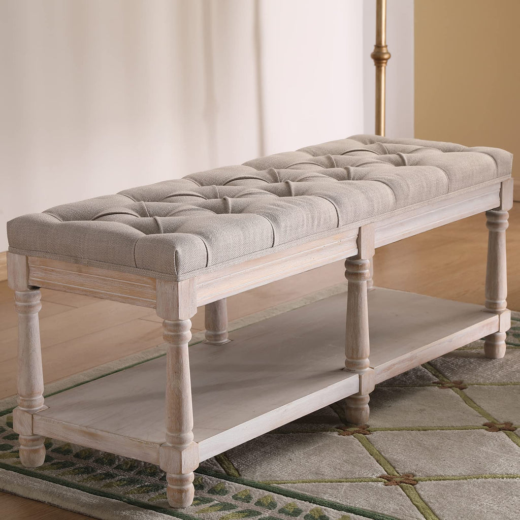 Beige Linen Upholstered Tufted Storage Bench with Shelf W858