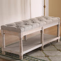 Beige Linen Upholstered Tufted Storage Bench with Shelf W858