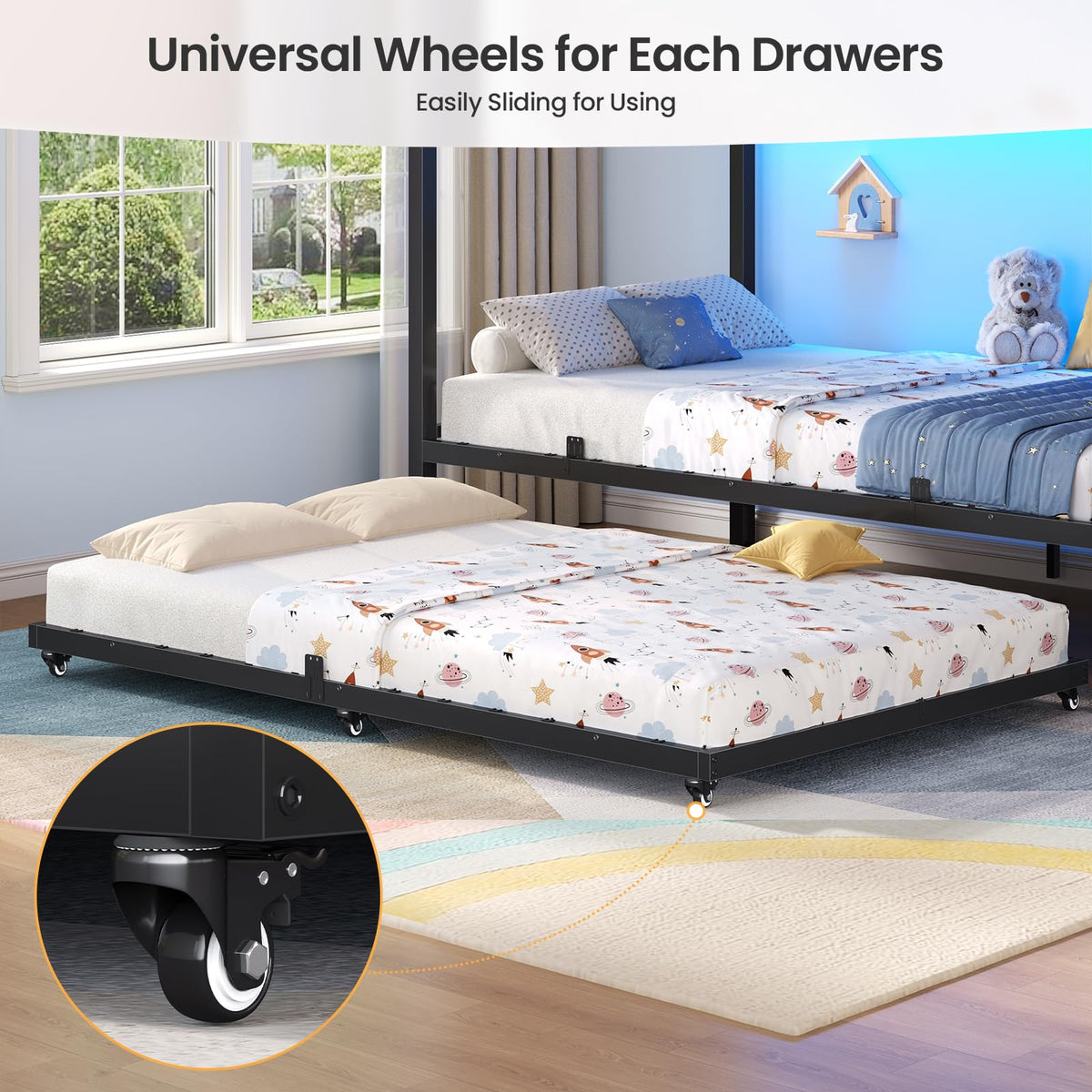 Twin Over Twin Bunk Bed with Trundle, Stairs, 6 Drawers, LED Lights P779251