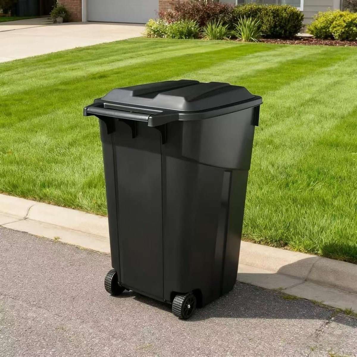 Black 45 Gallon Wheeled Heavy Duty Plastic Trash Can with Lid R5531