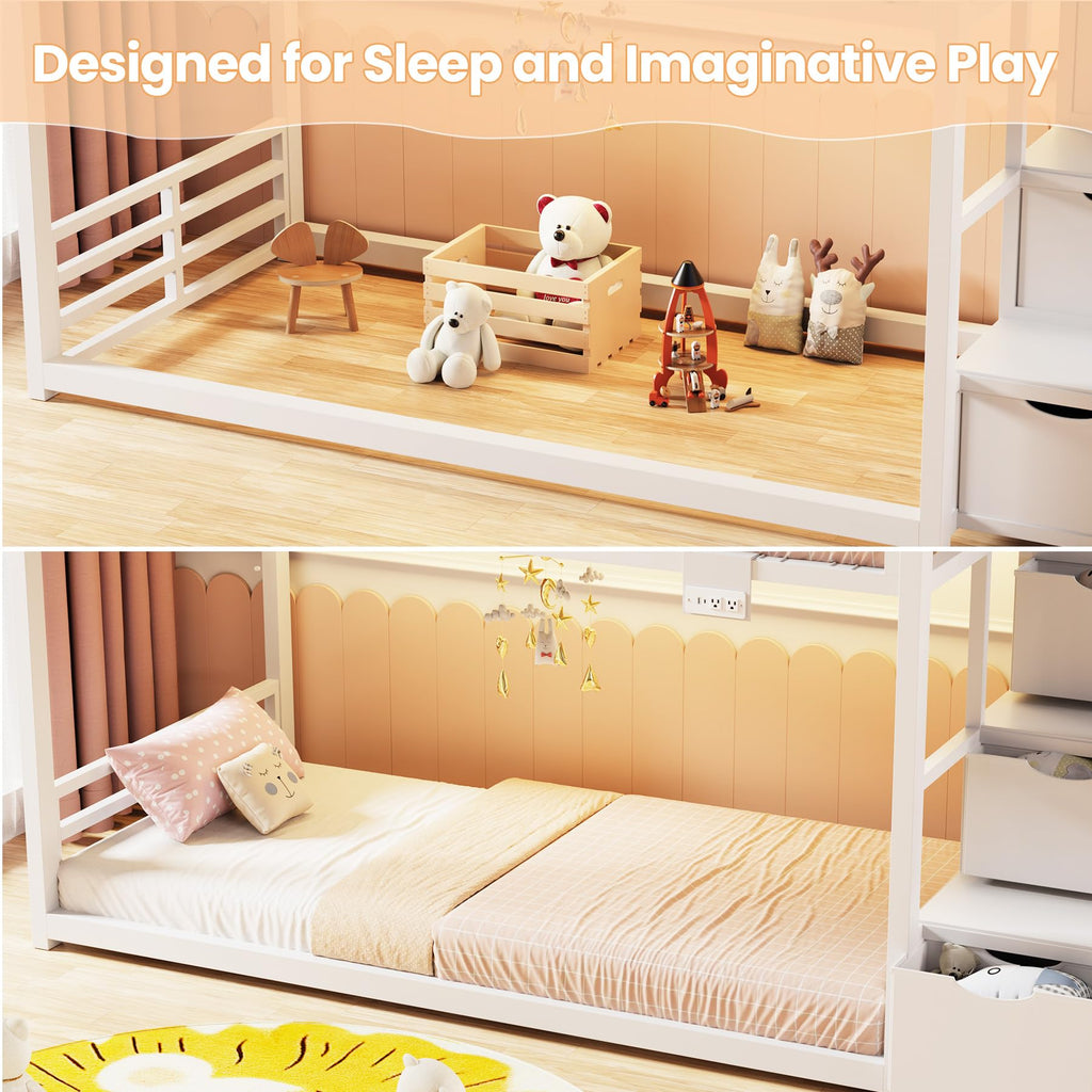 White Twin Over Twin Bunk Bed with Storage Stairs E992
