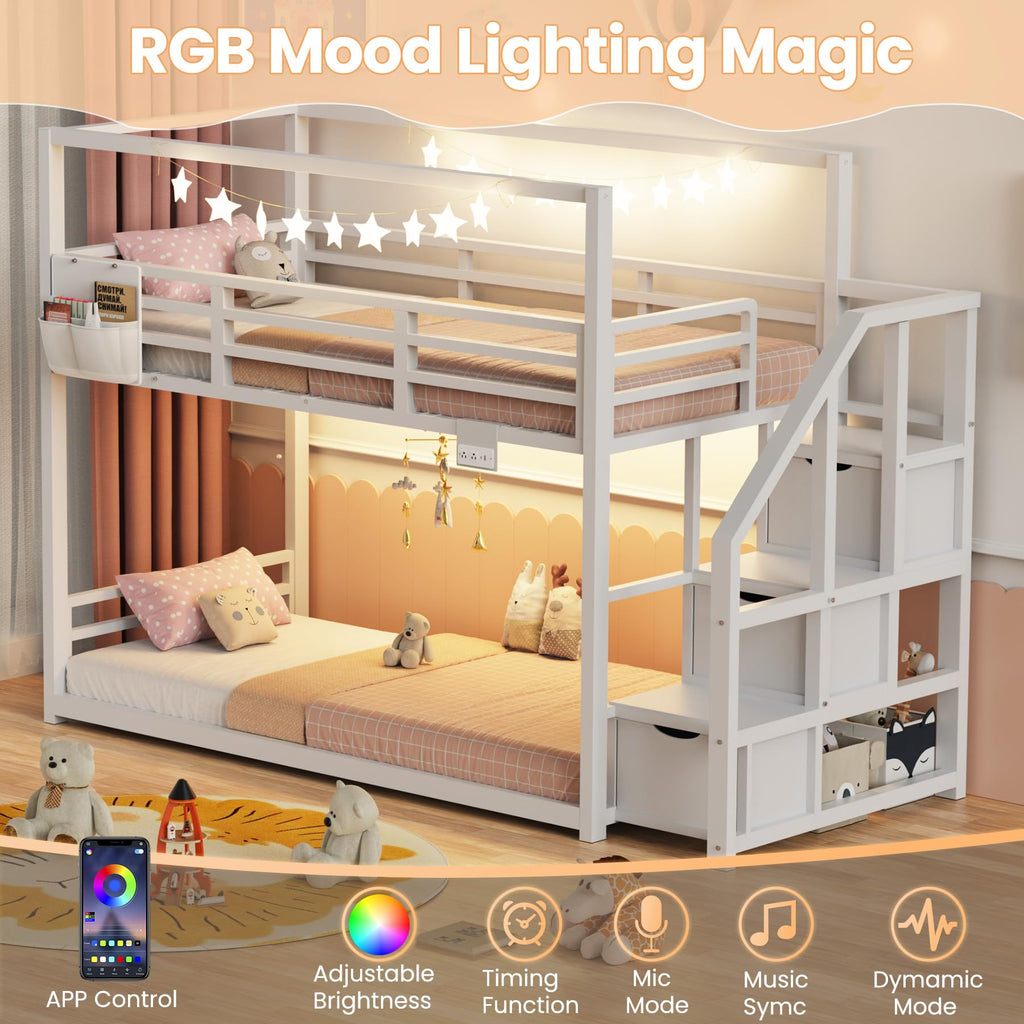 White Twin Over Twin Bunk Bed with Storage Stairs E992