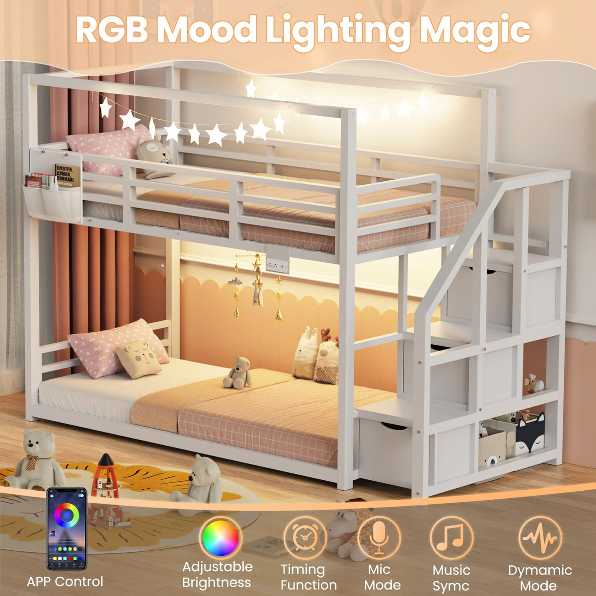 White Twin Over Twin Bunk Bed with Storage Stairs E992