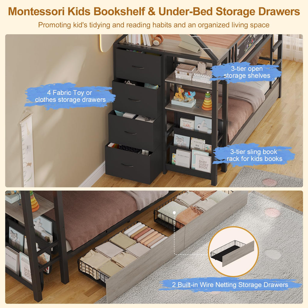 Twin Bunk Bed with Storage Bookshelf, 6 Drawers & USB I976179