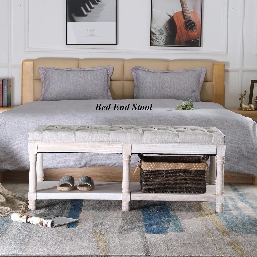Beige Linen Upholstered Tufted Storage Bench with Shelf W858