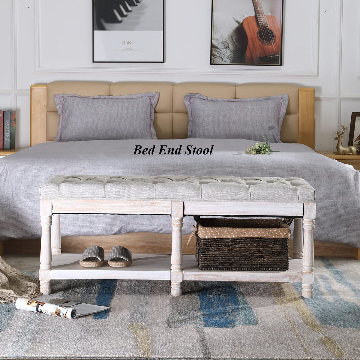 Beige Linen Upholstered Tufted Storage Bench with Shelf W858