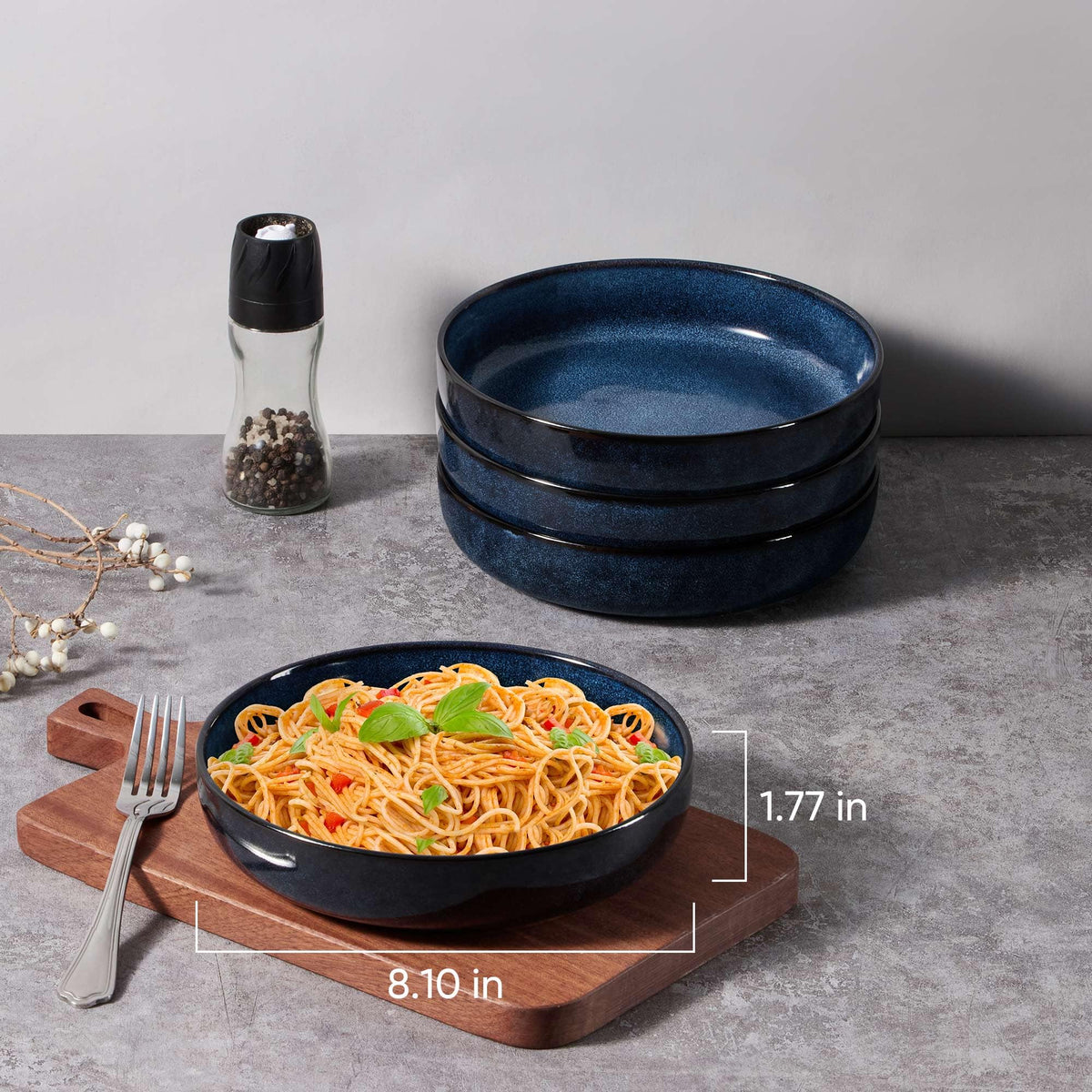 Stoneware Pasta Bowls Set of 4, 35oz Ceramic Bowls, Sapphire Blue V478788