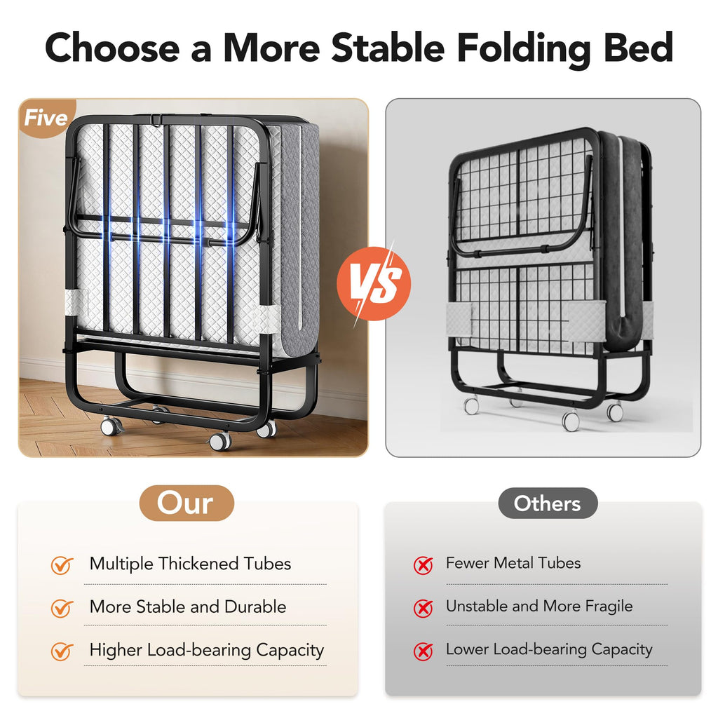 Folding Bed with Memory Foam Mattress Twin Size Metal Frame White V31674