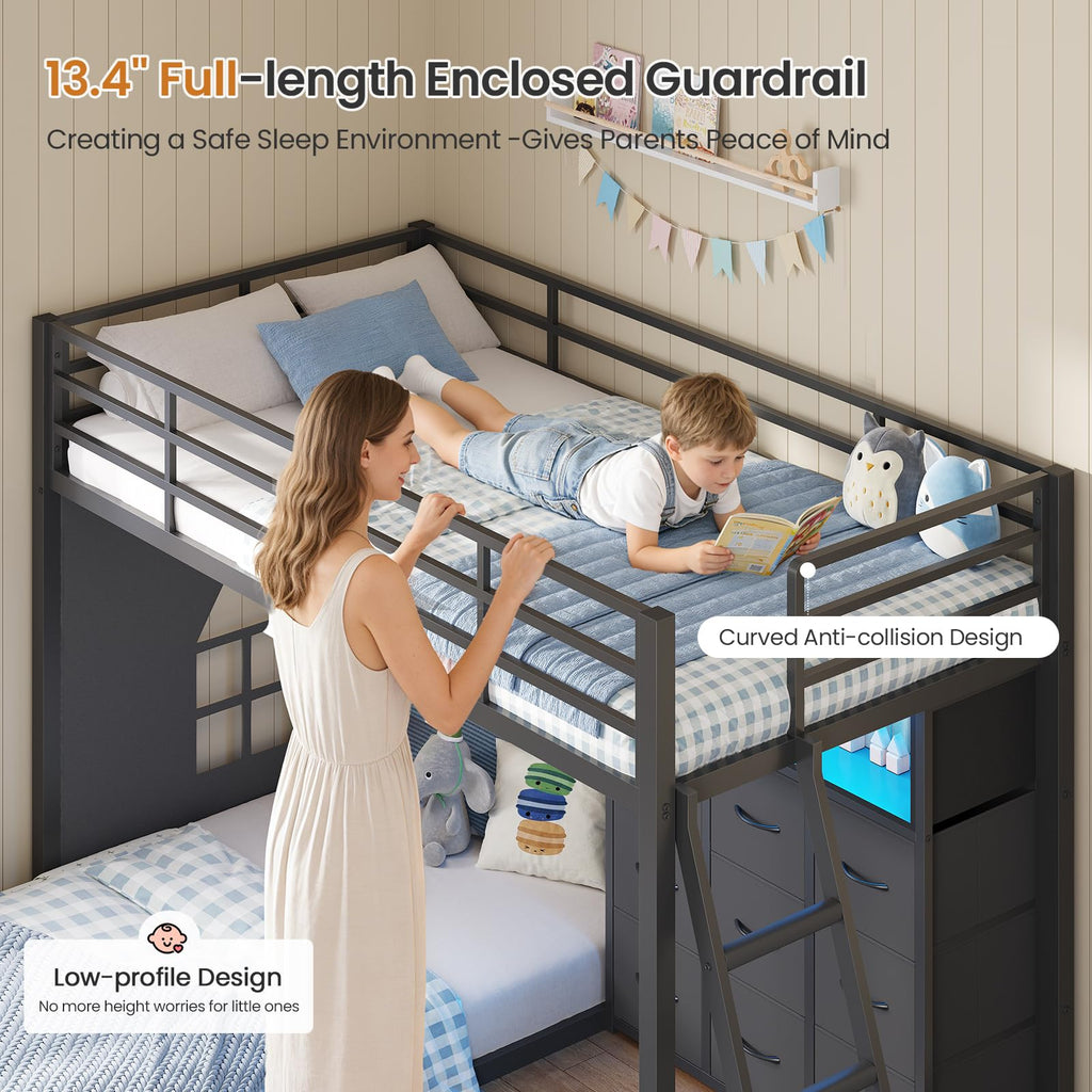 Twin Over Twin Bunk Bed with 9 Storage Drawers H700