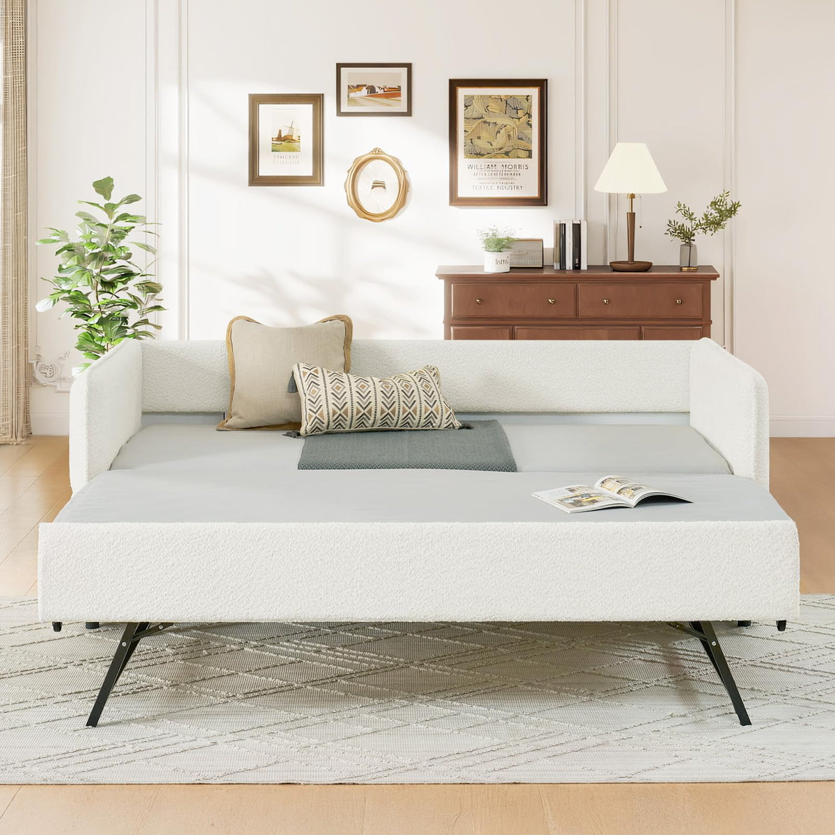 Twin Size Beige Boucle Upholstered Daybed with Trundle F326
