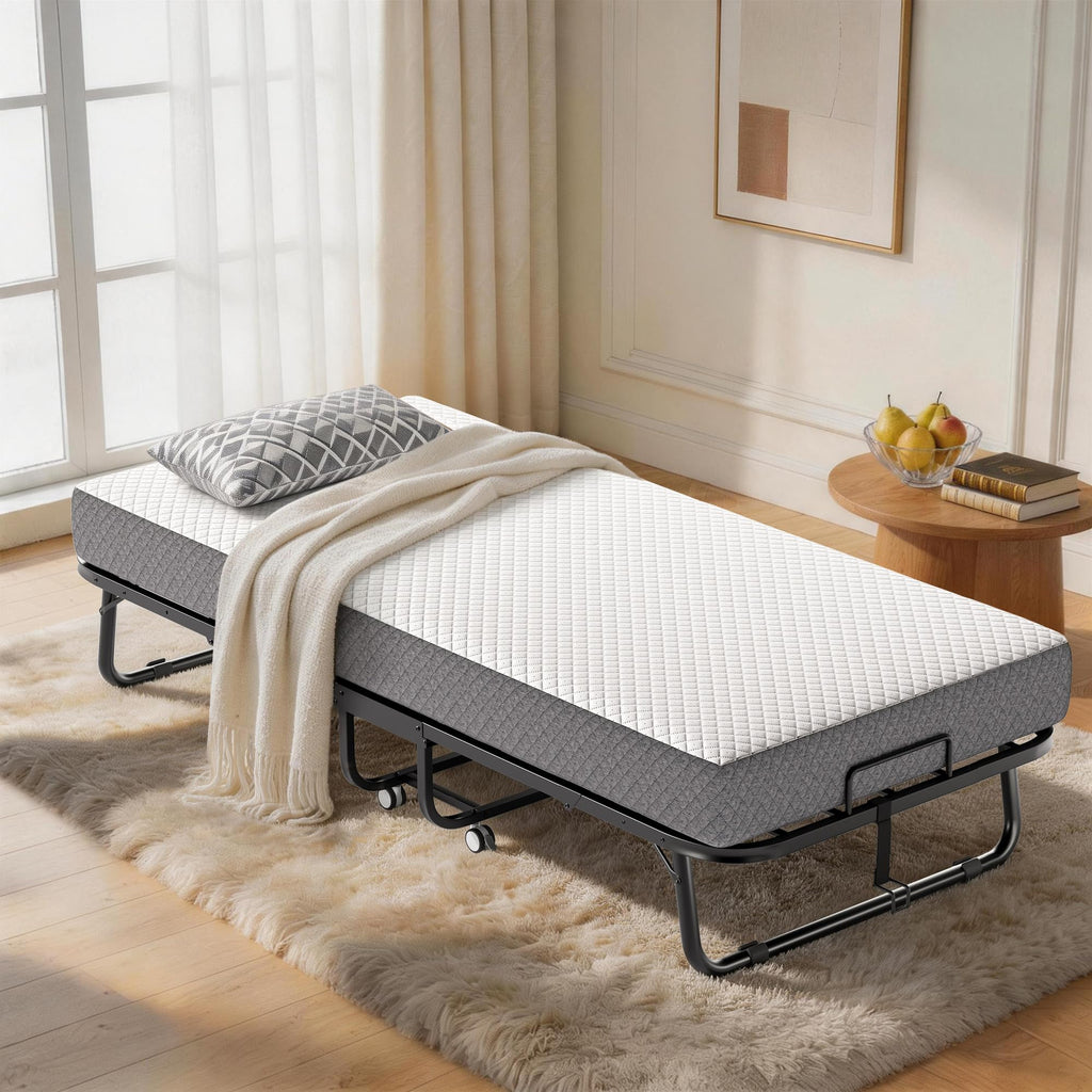 Folding Bed with Memory Foam Mattress Twin Size Metal Frame White V31674
