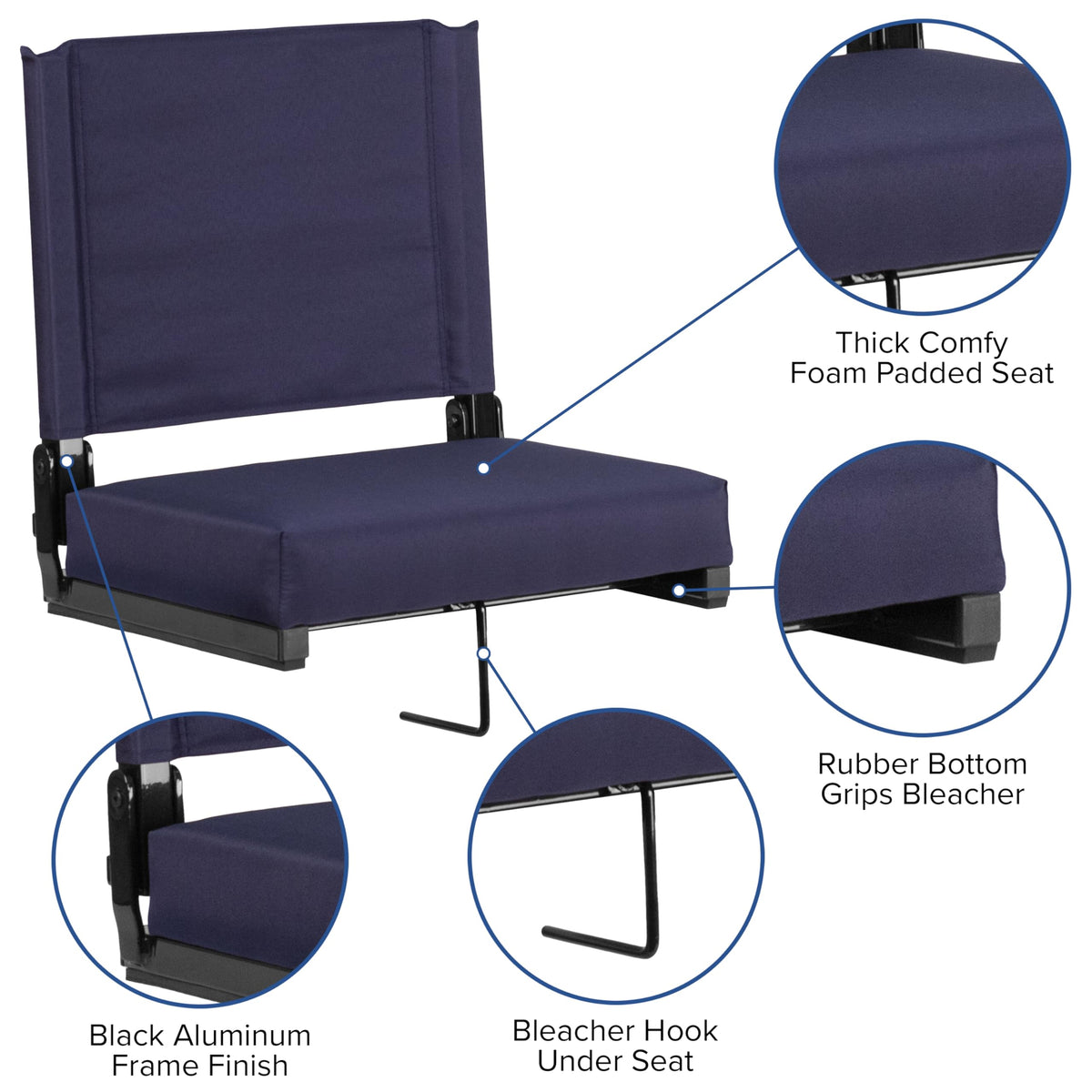 Portable Folding Padded Stadium Chair with Carrying Handle, Navy H84231