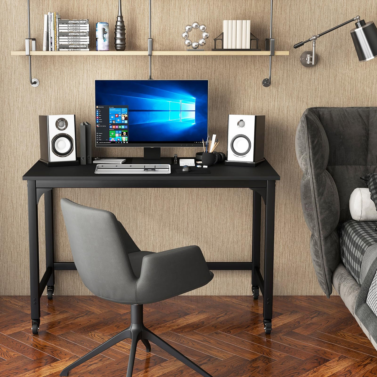 48” Mobile Computer Desk with 4 Lockable Wheels, Black Metal Frame T659771