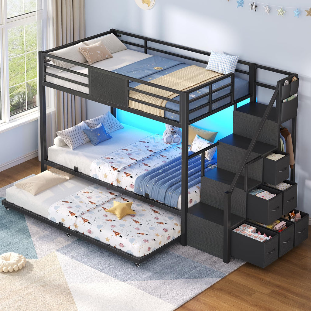 Twin Over Twin Bunk Bed with Trundle, Stairs, 6 Drawers, LED Lights P779251
