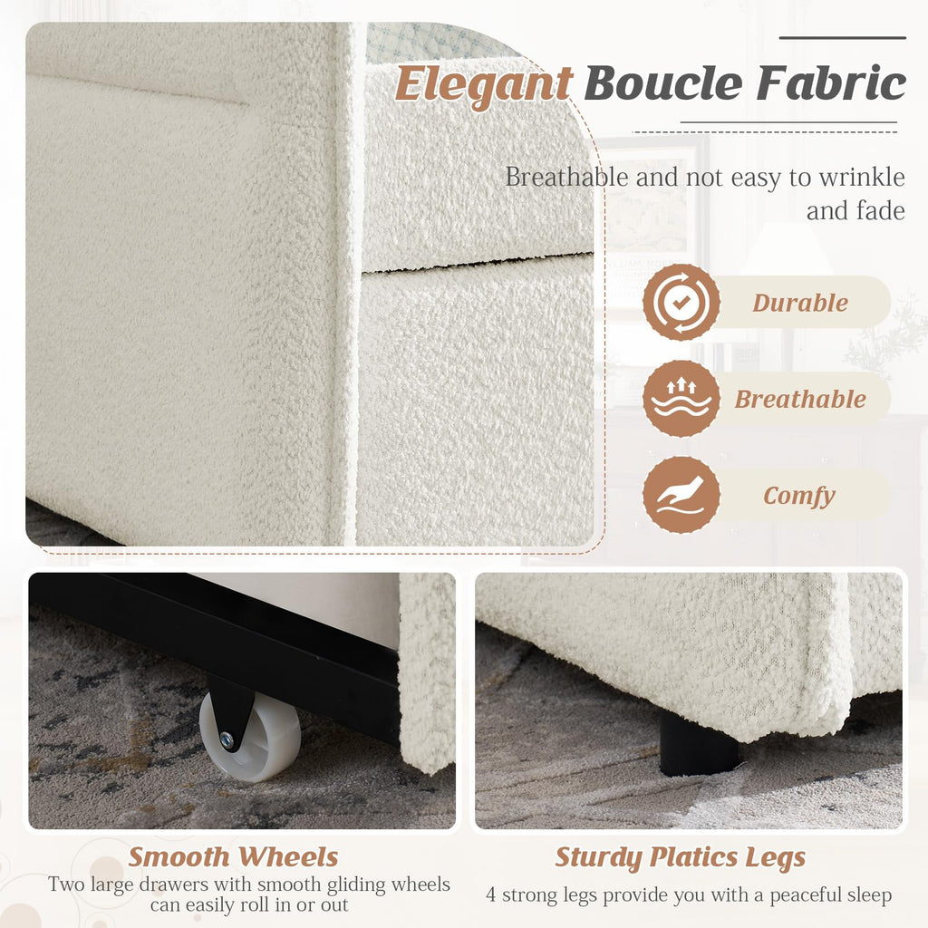 Twin Size Beige Boucle Upholstered Daybed with Trundle F326