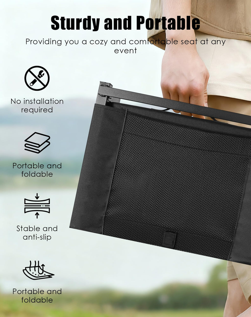 Portable Folding Bleacher Seats with Back Support and Cushion, Black P9427