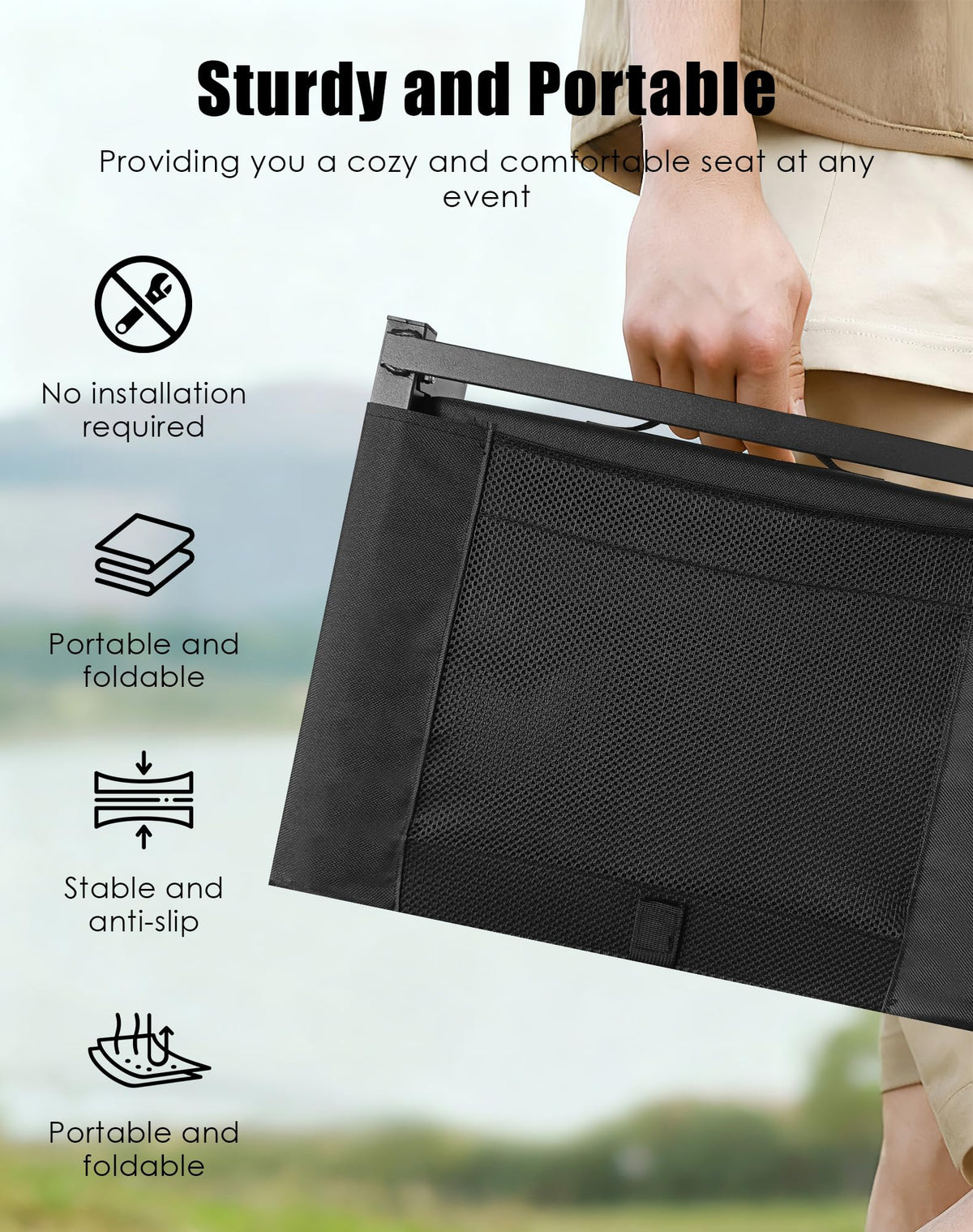 Portable Folding Bleacher Seats with Back Support and Cushion, Black P9427