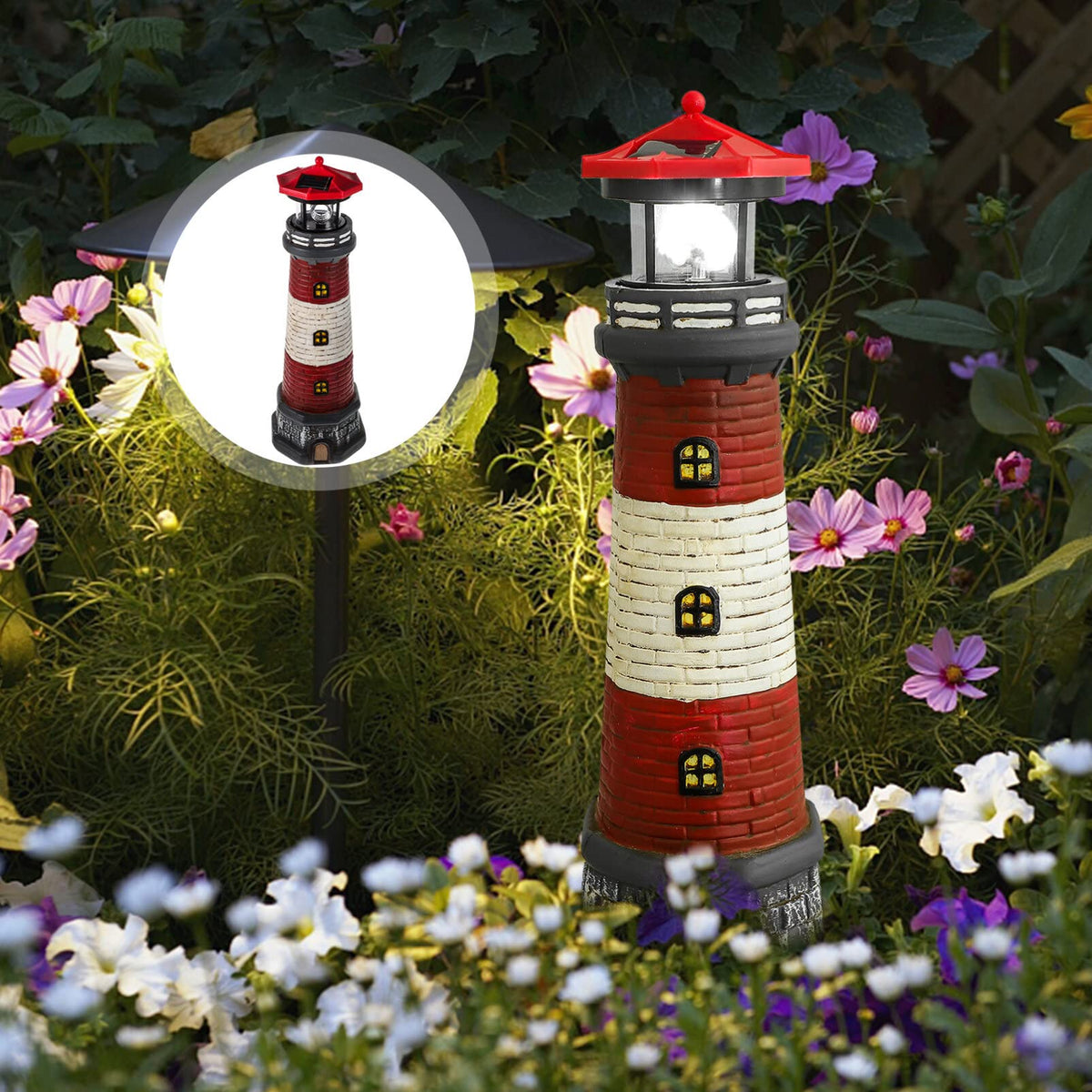 Solar Rotating Lighthouse Outdoor Lantern Resin Street Light W4174