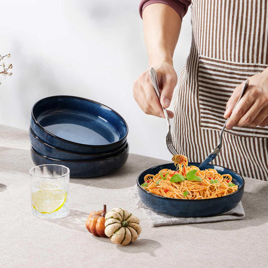 Stoneware Pasta Bowls Set of 4, 35oz Ceramic Bowls, Sapphire Blue V478788