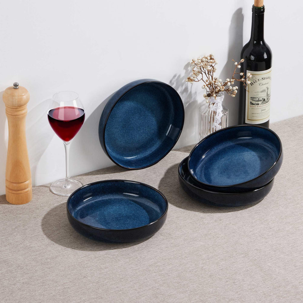 Stoneware Pasta Bowls Set of 4, 35oz Ceramic Bowls, Sapphire Blue V478788