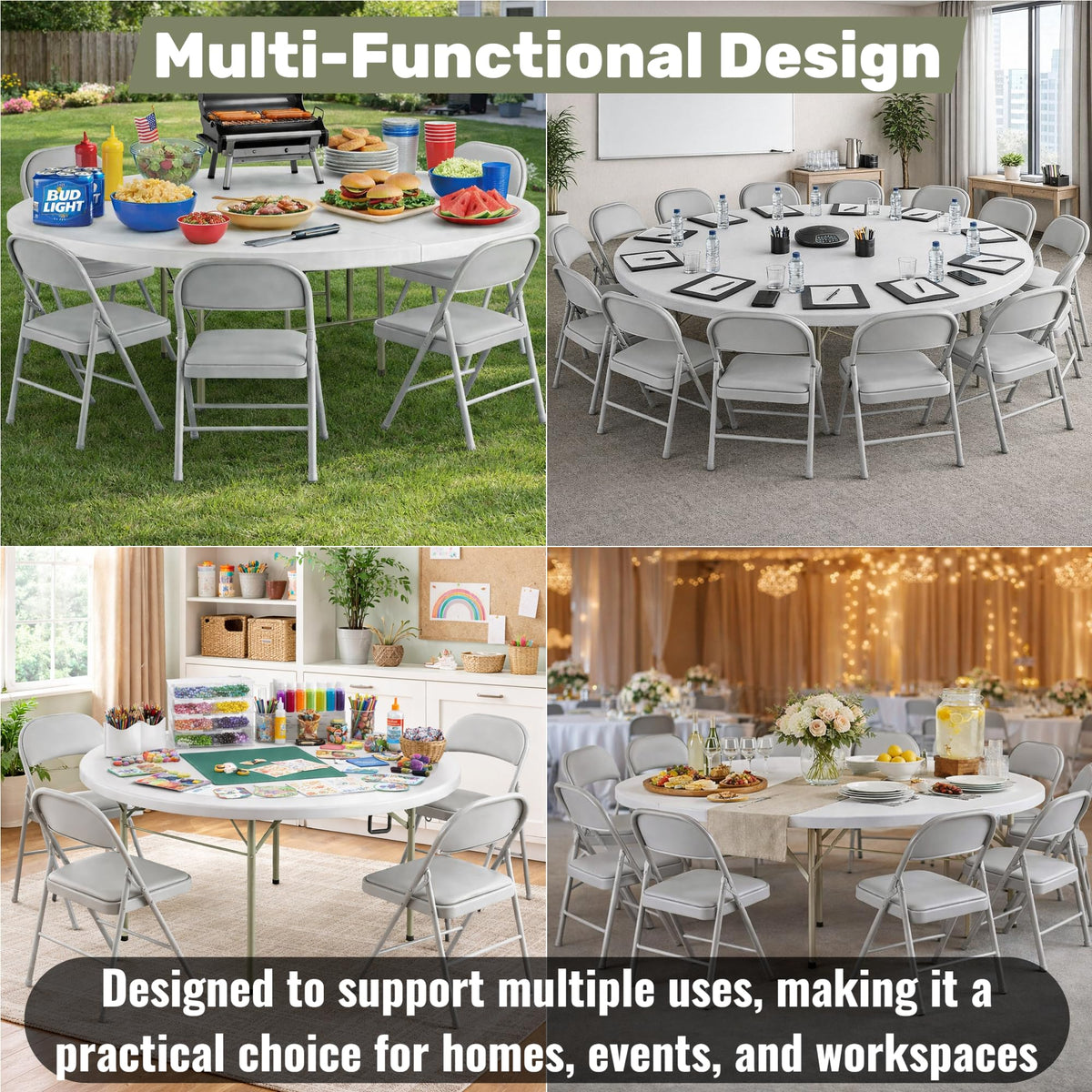 6 Ft Round Bi-Fold Folding Table with 10 Chairs B81049