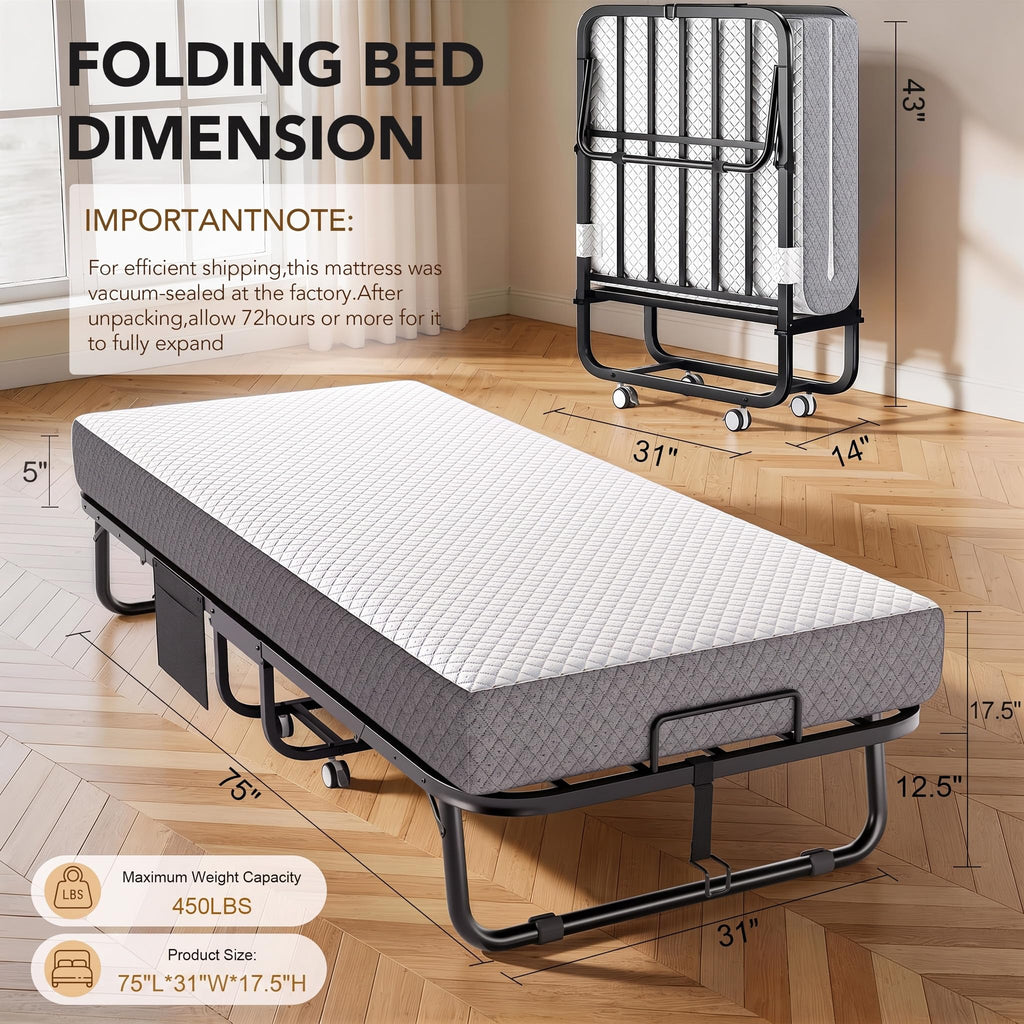 Folding Bed with Memory Foam Mattress Twin Size Metal Frame White V31674