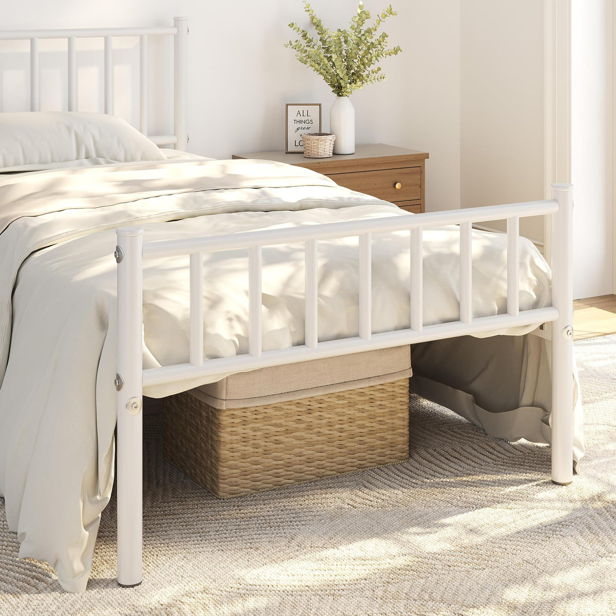 Twin Size White Metal Platform Bed Frame with Spindle Headboard S11607